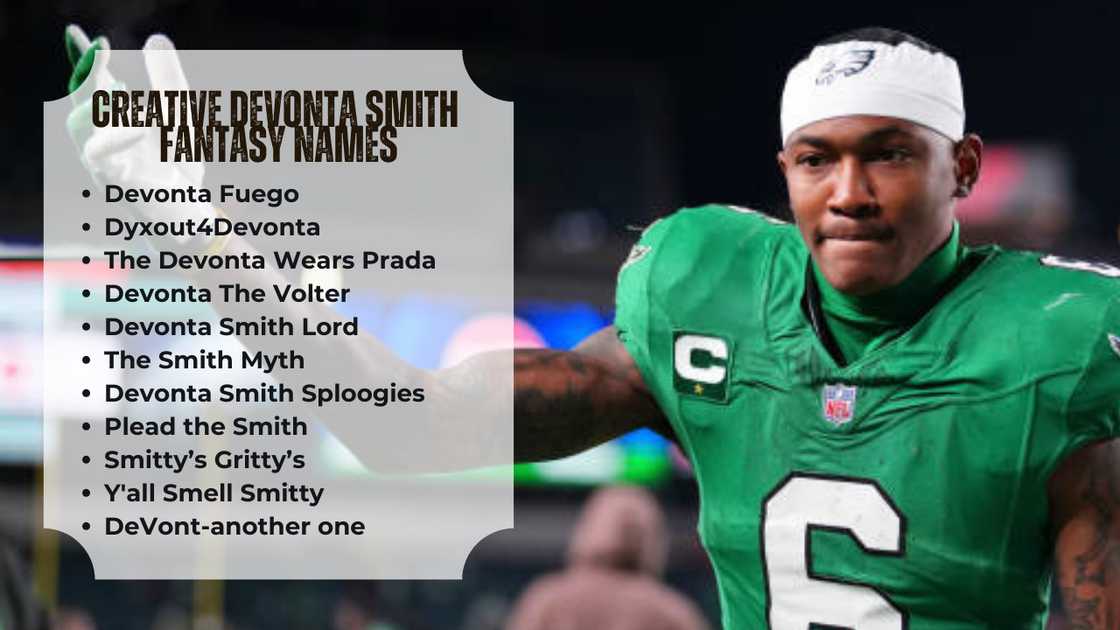 Funny & Cool Devonta Smith Fantasy Football Team Names here.